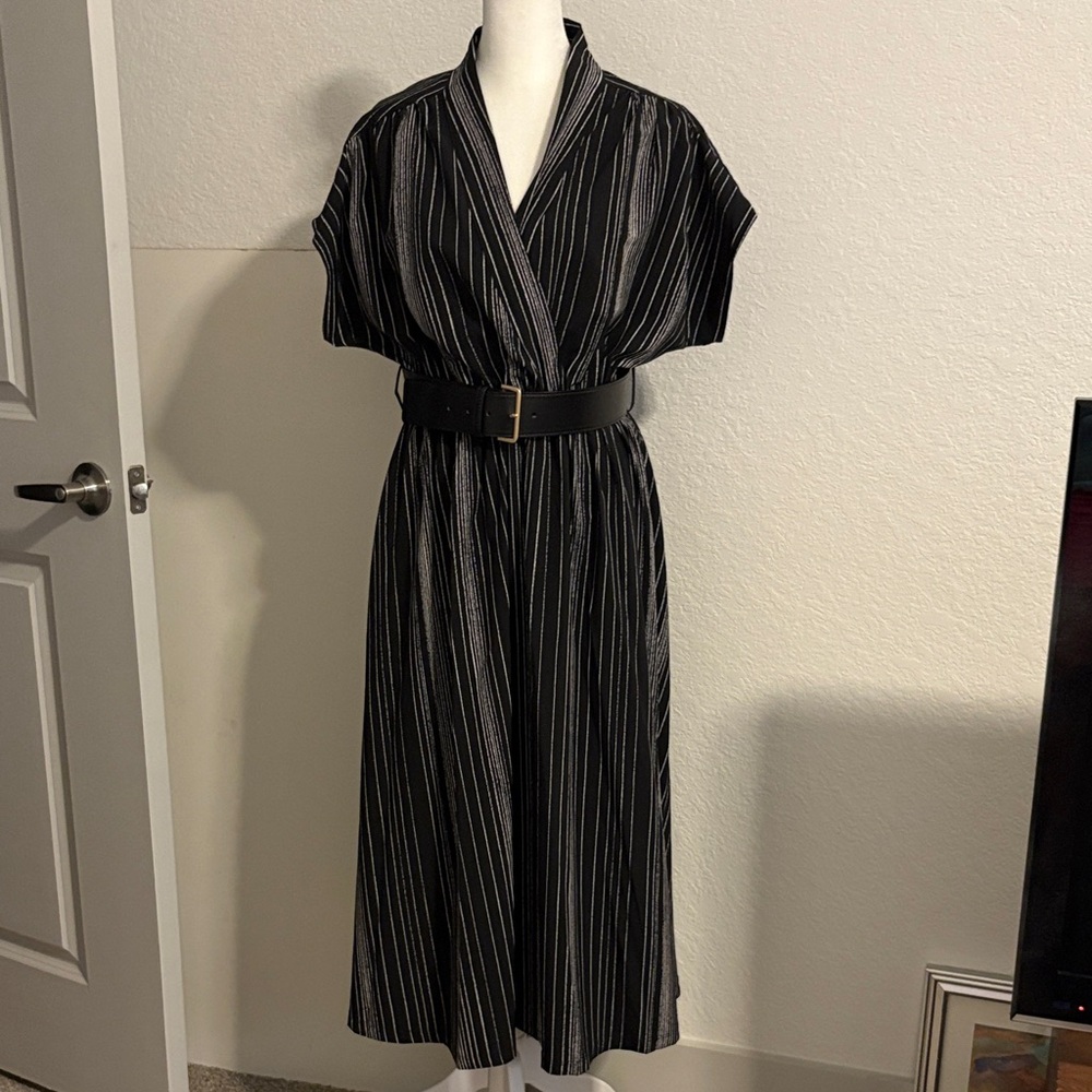 Calvin Klein Black and White Striped Midi Dress